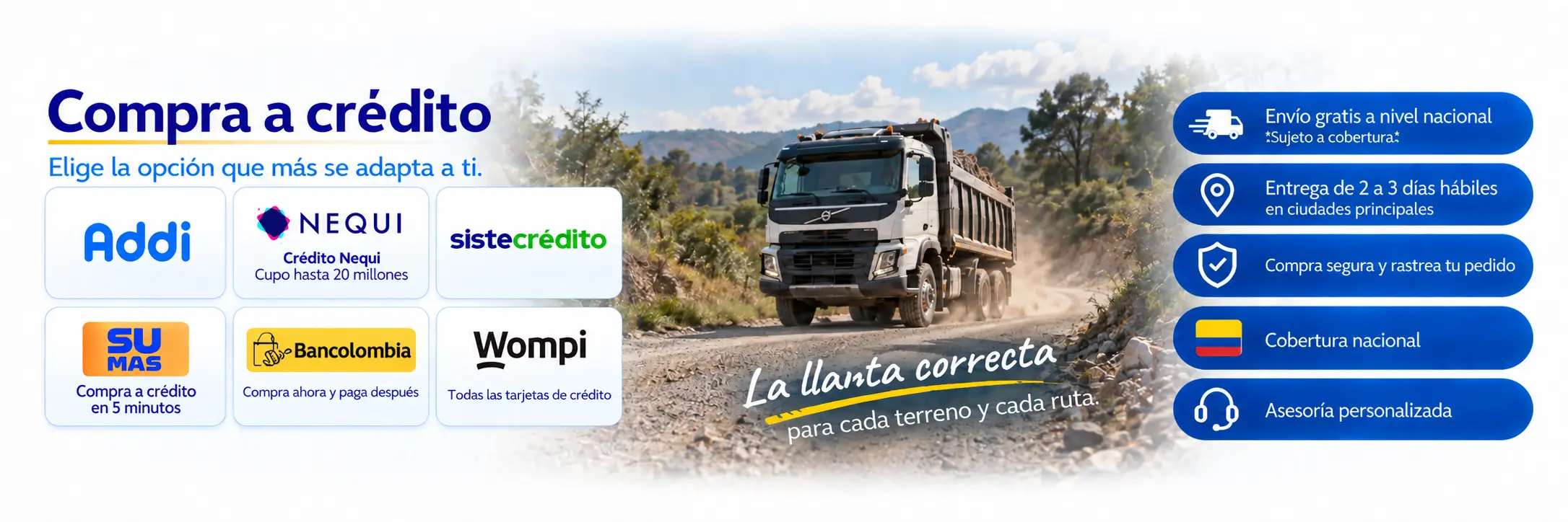 Compra a crédito. Elige la opción que más se adapta a ti. Medios de pago y opciones de crédito en Colombiana de Llantas.